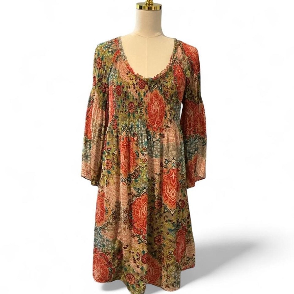 Spense Paisley Bell Sleeve Shift Dress Women 12 Multi Color Good Boho‎ Smocked